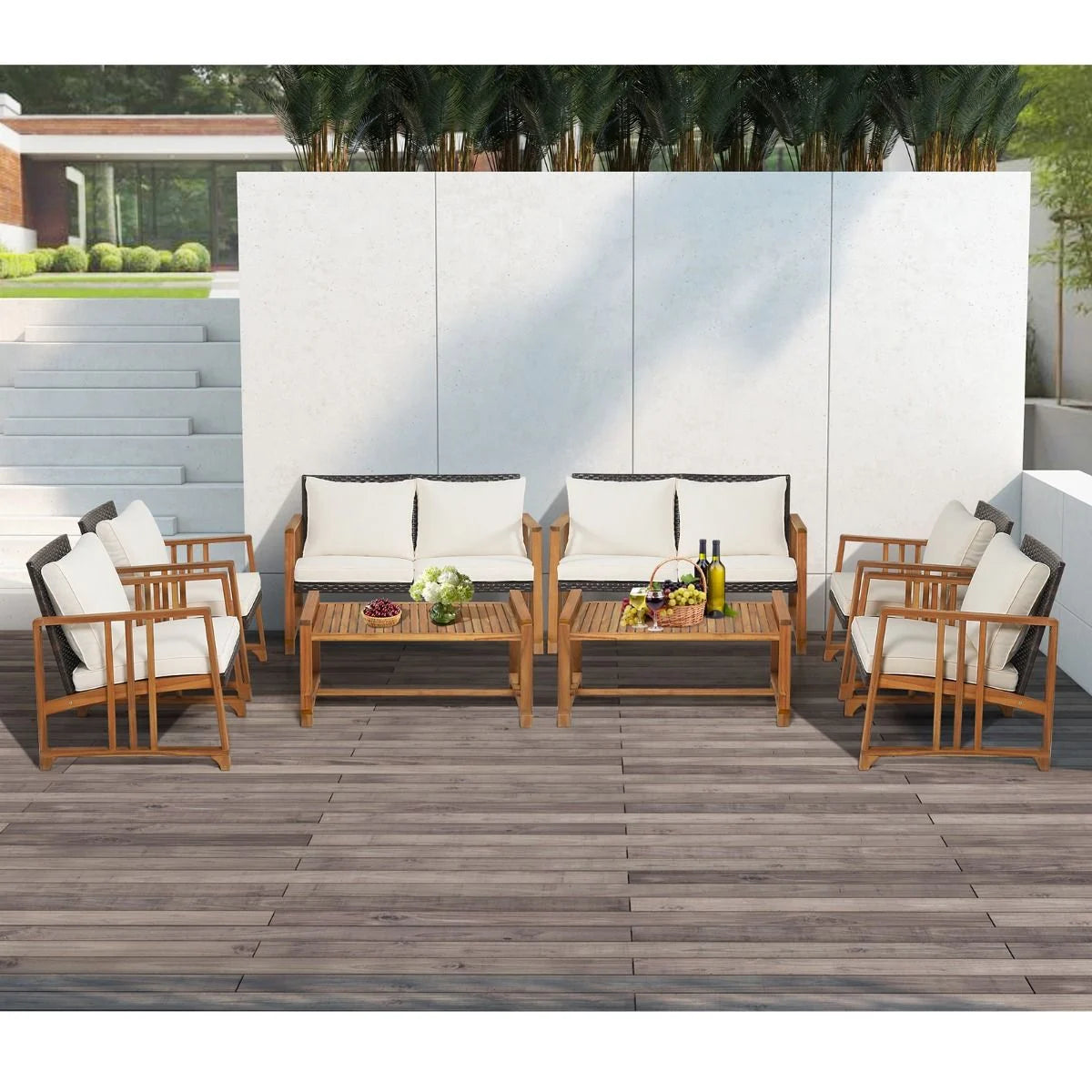 Outdoor Mix Brown Rattan Set with Acacia Wood Frame and Back Cushions
