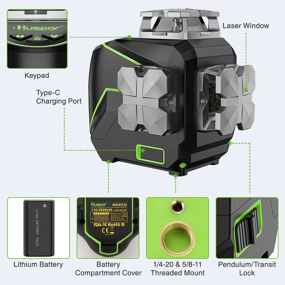 8 Lines Cross Laser Level Green Beam Self-Leveling Manual Level Tools with Metal Cover & USB Charger / Dry Li-Ion Battery