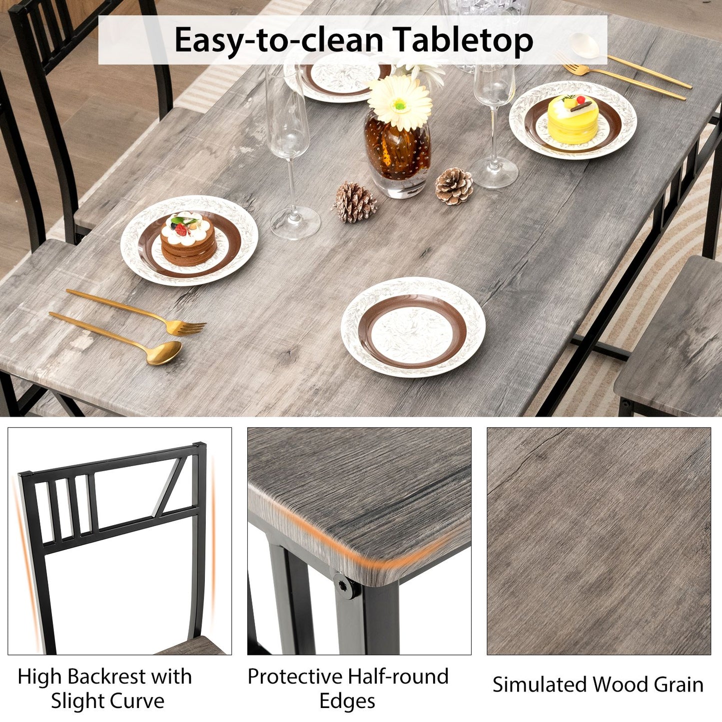 Stylish Industrial Kitchen Table Set with 4 Chairs - Wood-Look Top & Sturdy Metal Frame