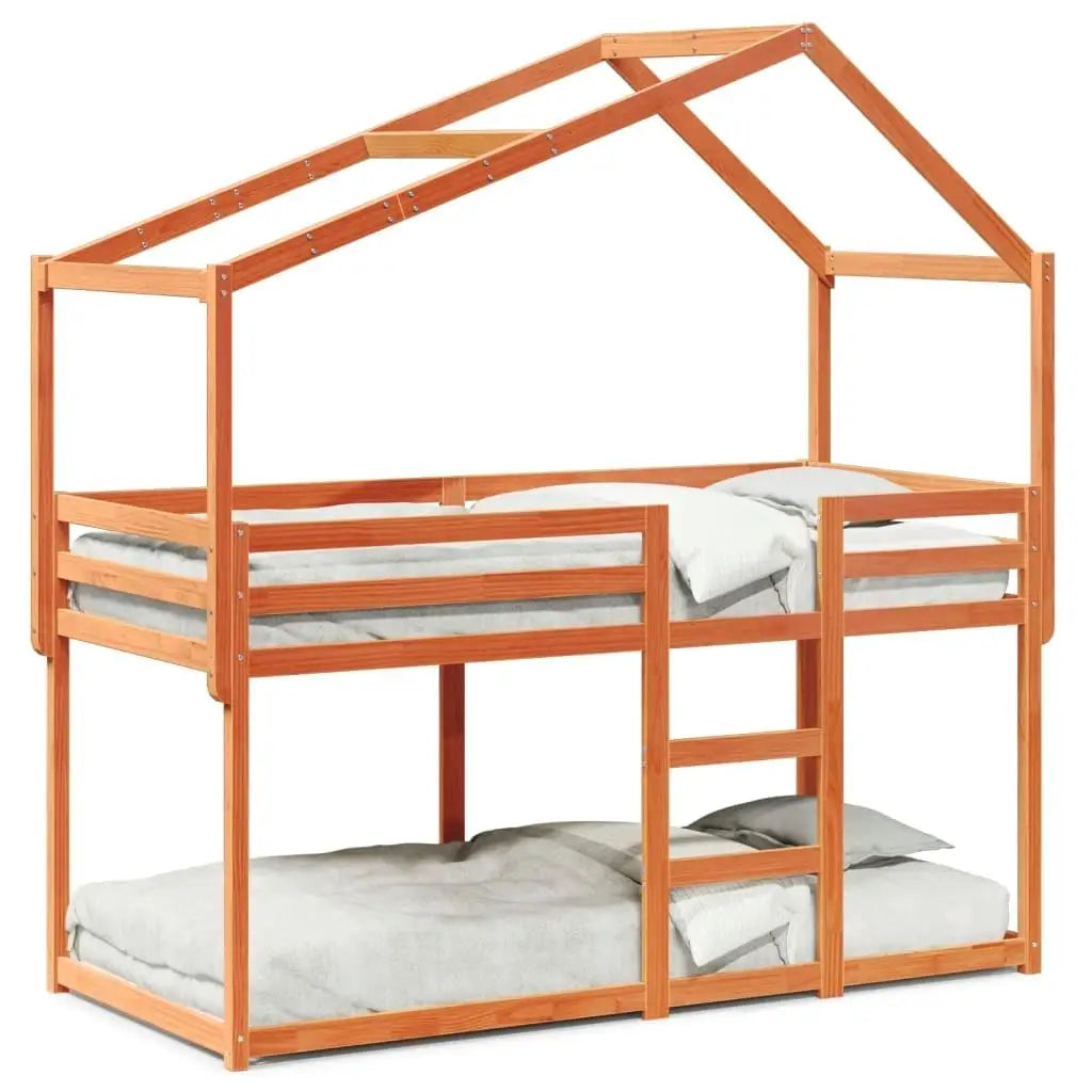 Stylish Solid Wood Pine Bunk Bed in Wax Brown Finish - Small Single Size (75x190 cm, Mattress Not Included)