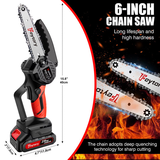 6-Inch 21V Cordless Electric Chainsaw - Handheld Wood Cutting and Logging Tool with Rechargeable Battery