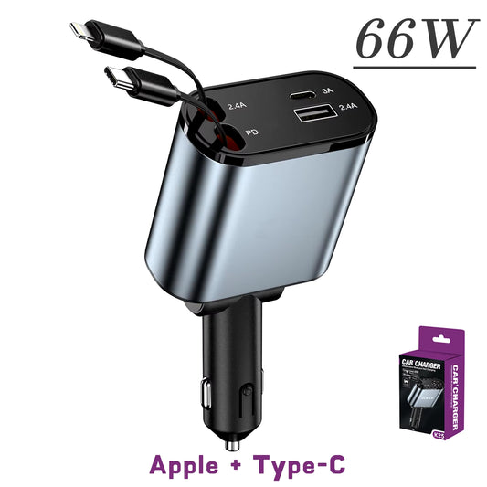Ultimate 4-in-1 Retractable Car Charger with USB PD Type C Cable for Lightning-Fast iPhone Charging & QC Adapter