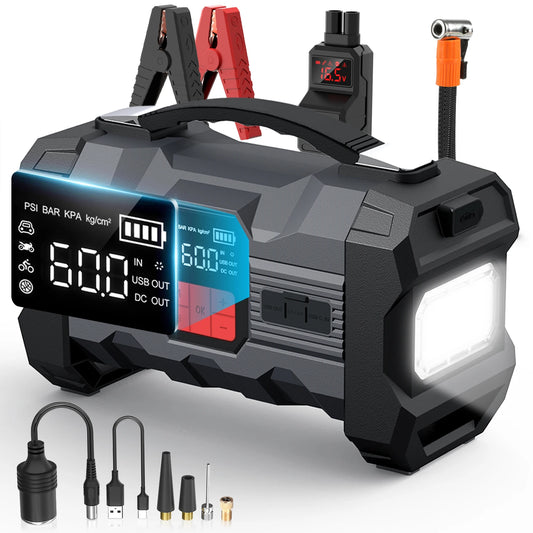 6000A Car Jump Starter with Air Compressor Battery Booster 12V Car Jump Starter Power Bank with LED Flashlight Smart Cable With