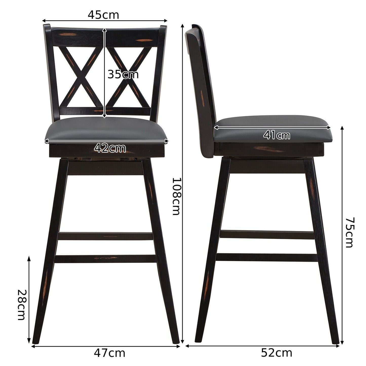 Set of 2 Counter Height Bar Stool with Foot Rest Upholstered Cushion