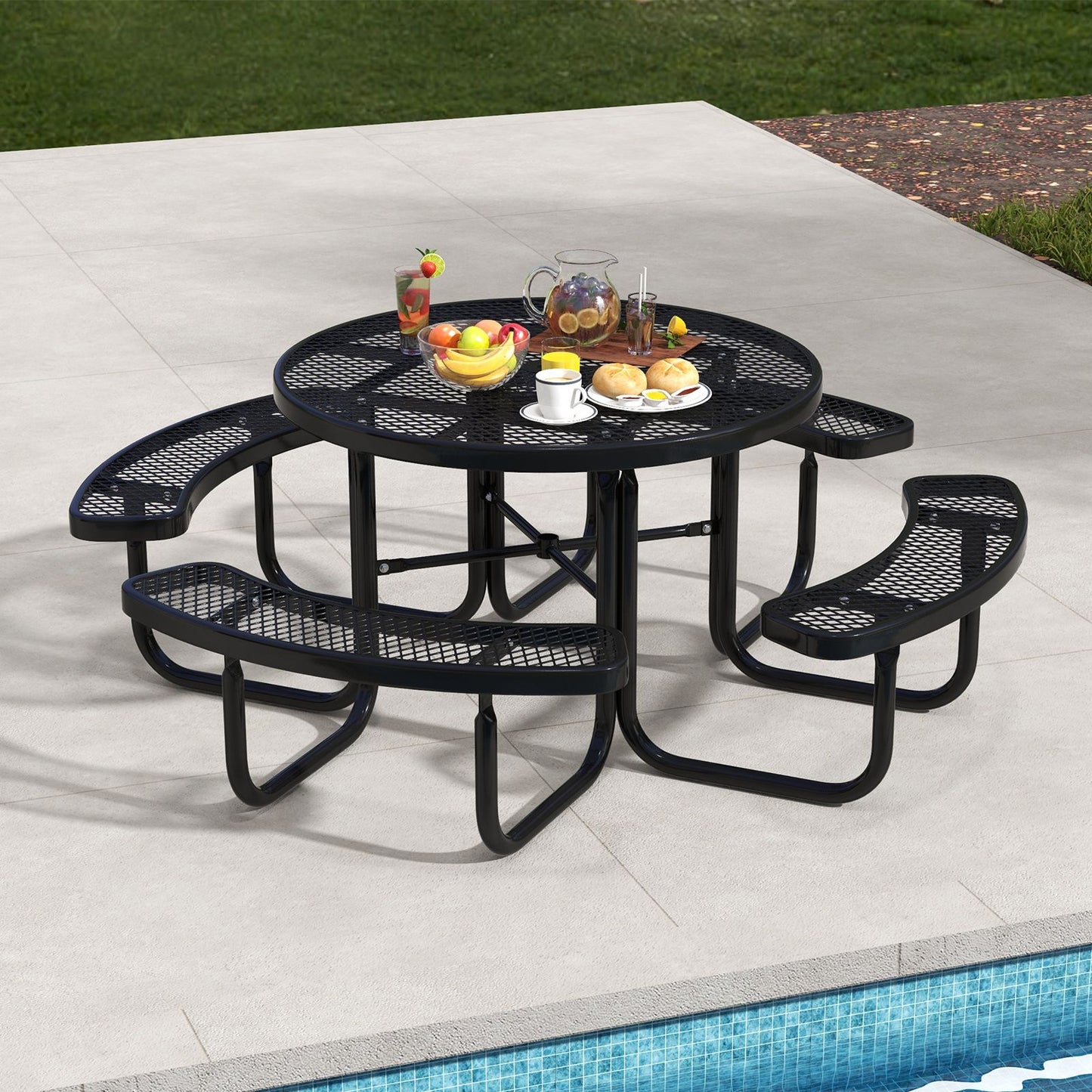 Outdoor round Picnic Table and Bench Set for 8 with Seats and Umbrella Hole