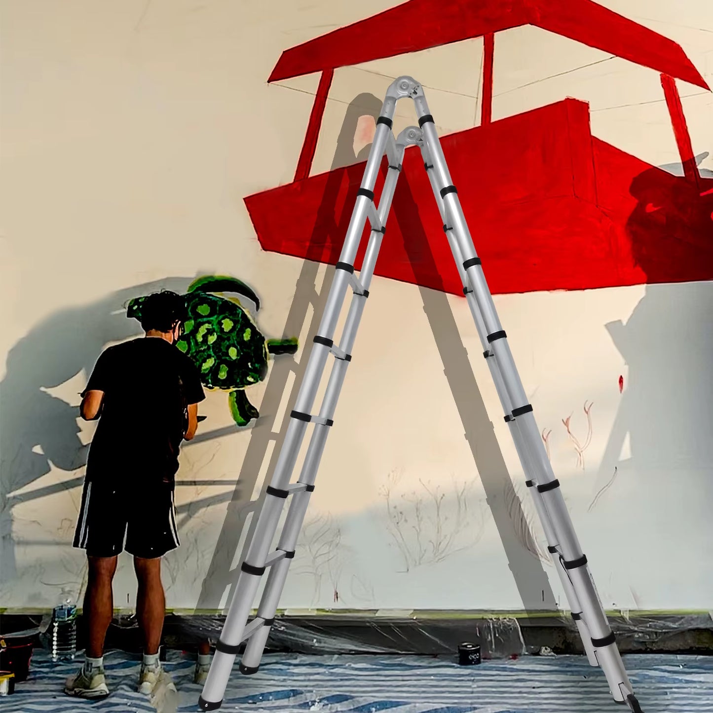 A-Ladder, Straight Telescopic Ladder with Non-Slip Feet, Load Capacity of 330Lbs, Foldable, for Home or RV Outdoor Work