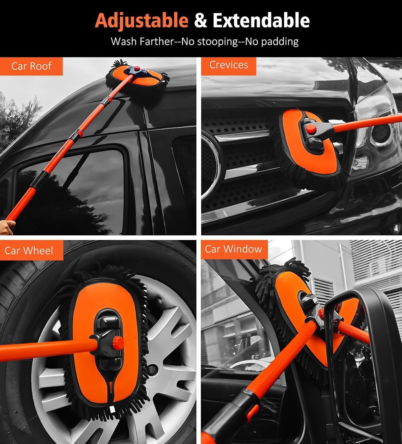 55" Extendable Car Wash Brush Mop with Microfiber Head - Perfect for Trucks & SUVs, Includes Storage Bag - Soft & Effective Cleaning Tool in Orange