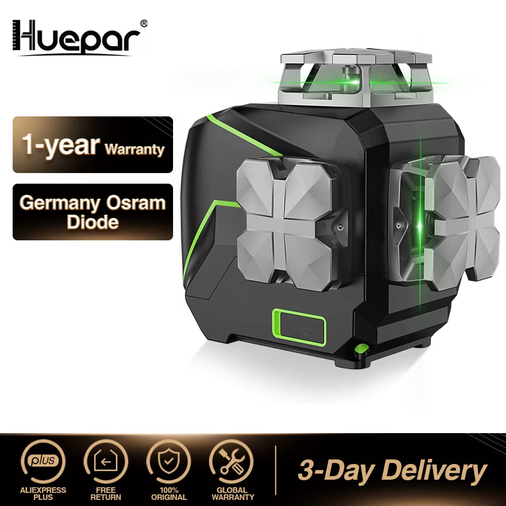 8 Lines Cross Laser Level Green Beam Self-Leveling Manual Level Tools with Metal Cover & USB Charger / Dry Li-Ion Battery
