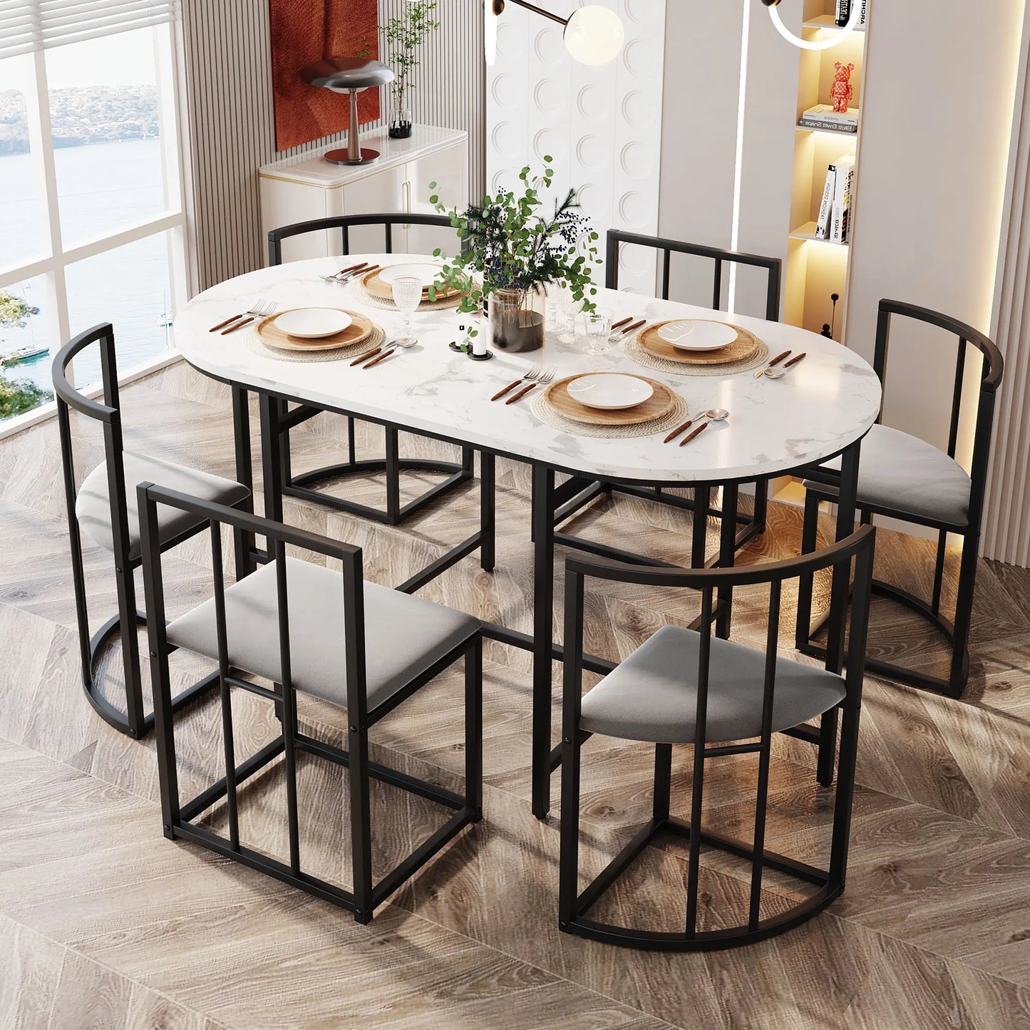 Stylish Six Chair Dining Table Set – Modern White with Upholstered Chairs and Iron Frame