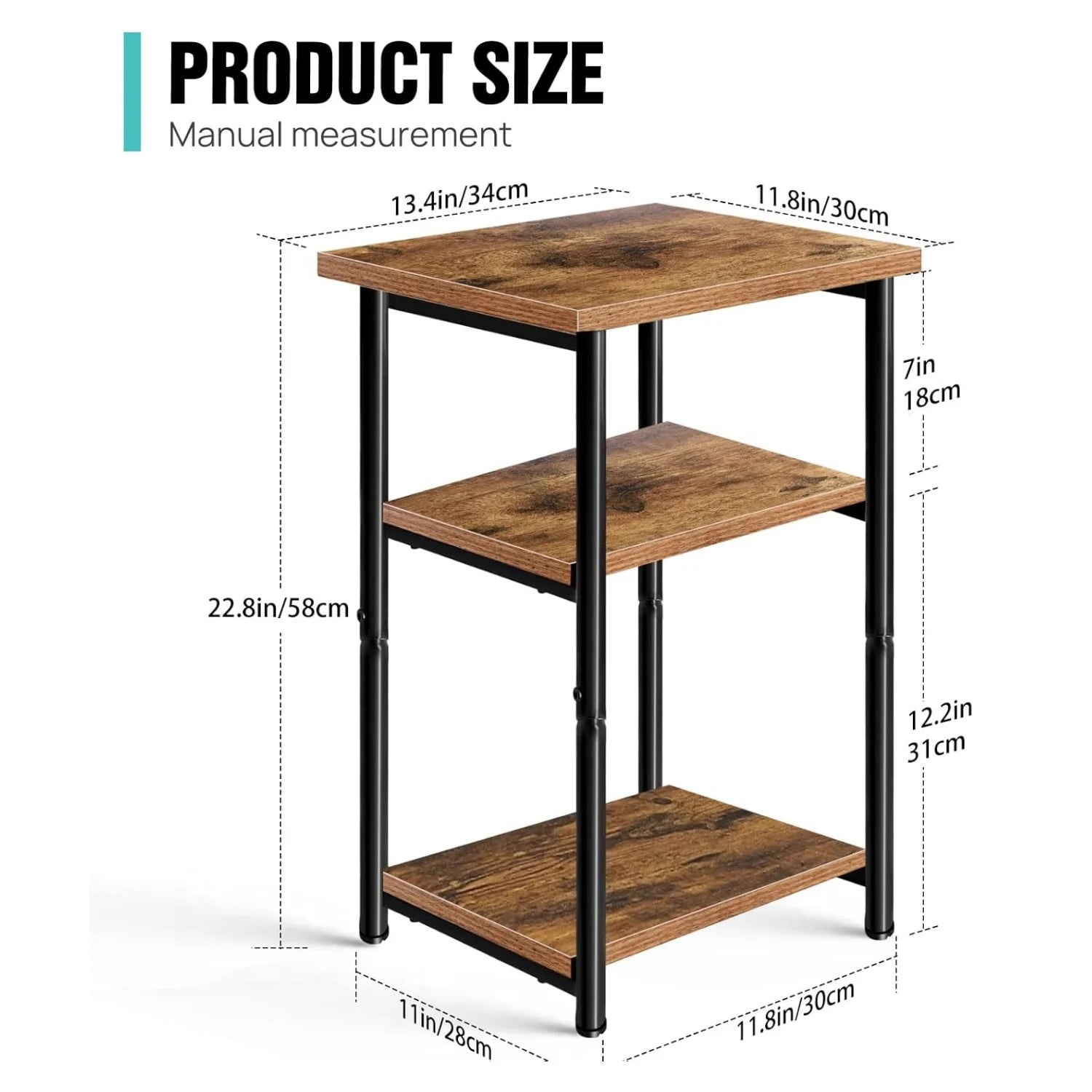 BRIEFNESS Side Table with Shelf 3 Tier Slim End Table Narrow Side Table Coffee Table Nightstand Living Room Table Brown