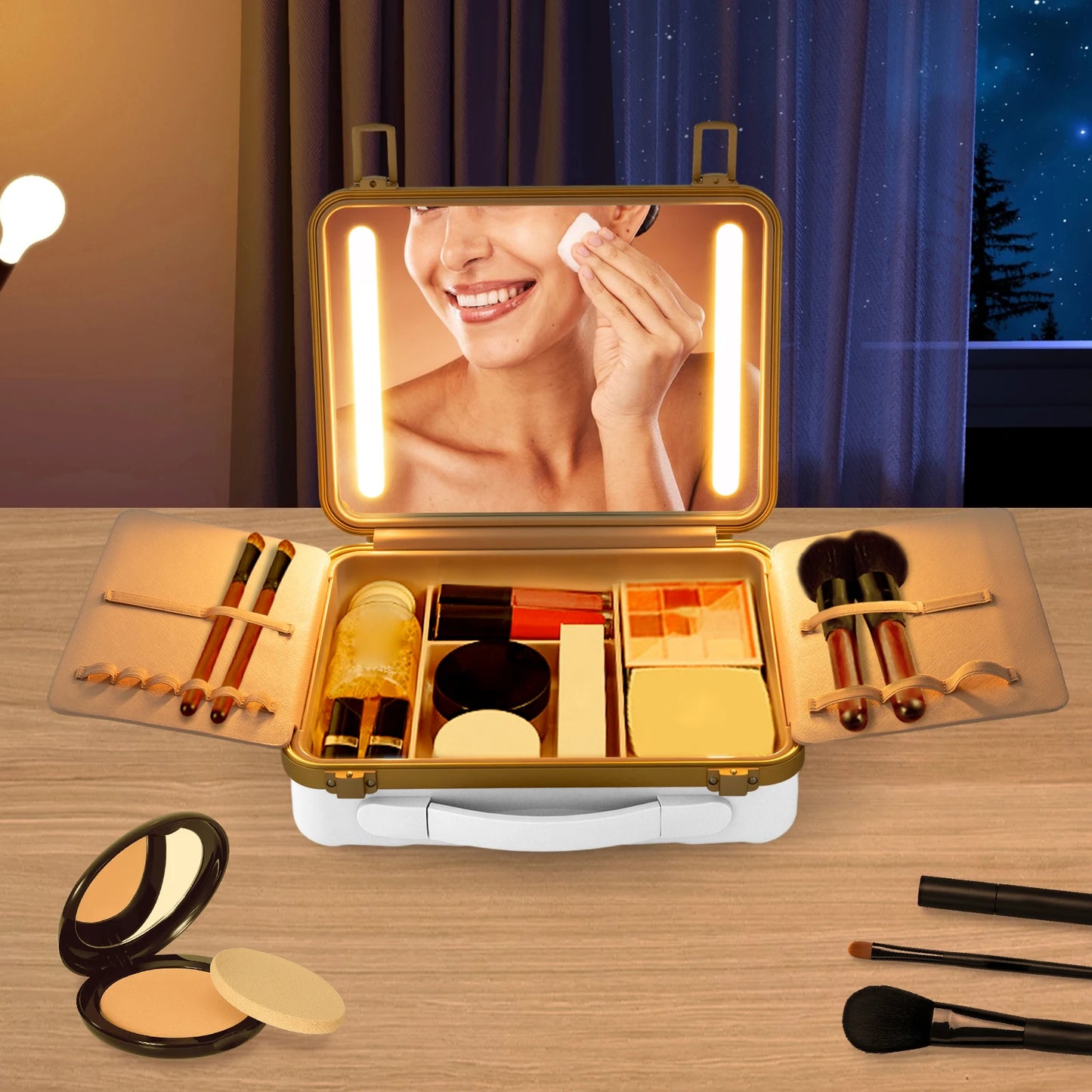 Travel Makeup Case with LED Mirror, Comfortable Handle, Portable Battery Powered Makeup Storage Box