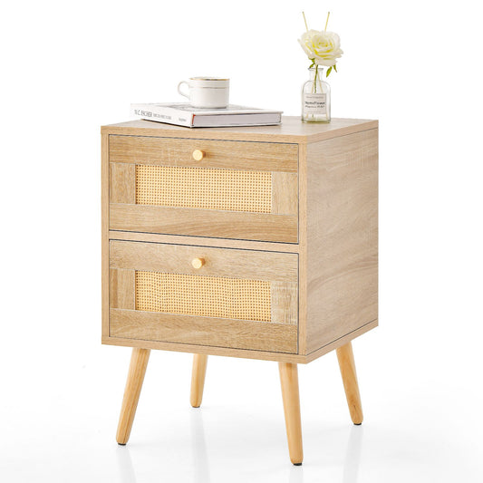 Boho Accent Rattan Nightstand Bedside Table with 2 Storage Drawers