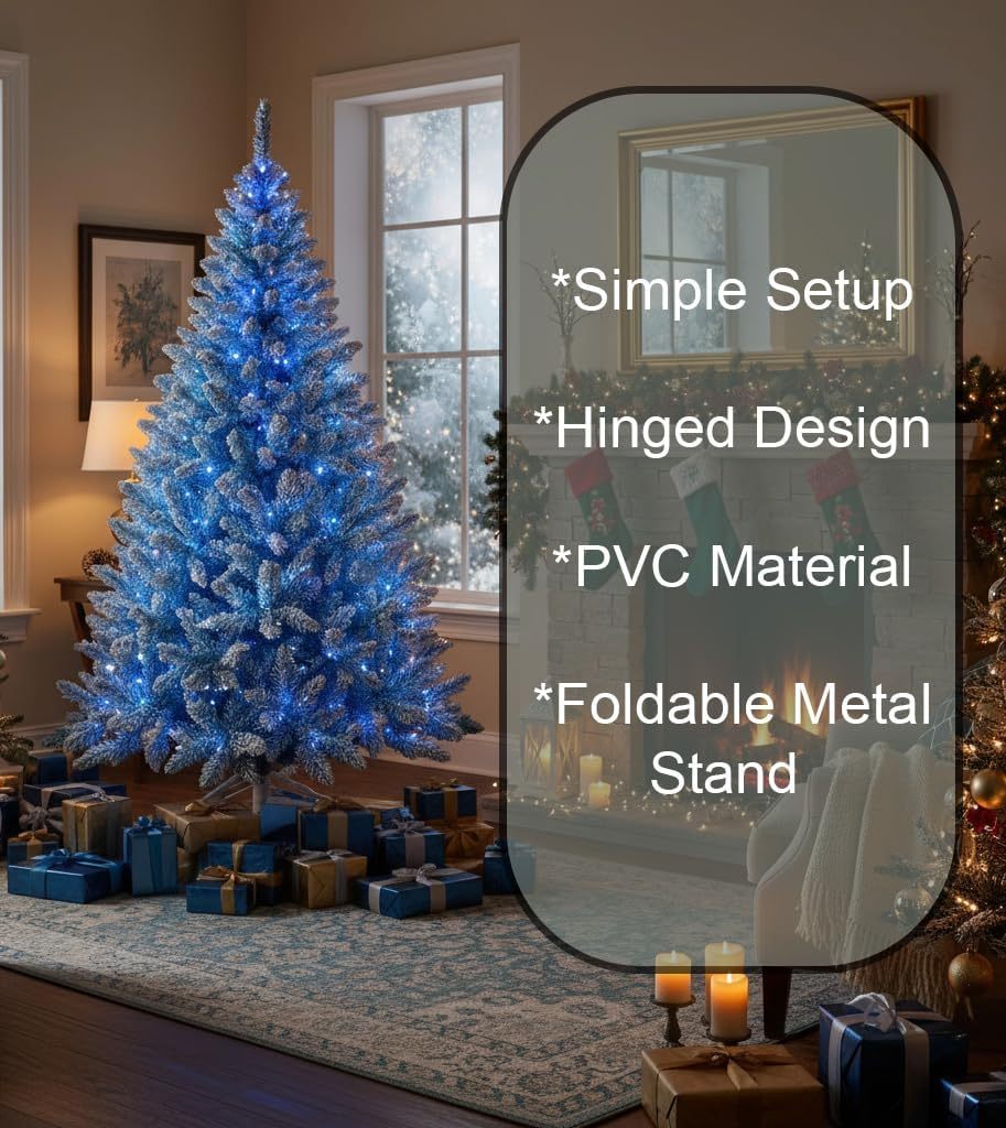 4Ft-8Ft Christmas Tree Prelit Flocked Blue LED Lights Multifunction, Snow Dusted Artificial Pine Foldable Metal Stand Tips Hinged Branches