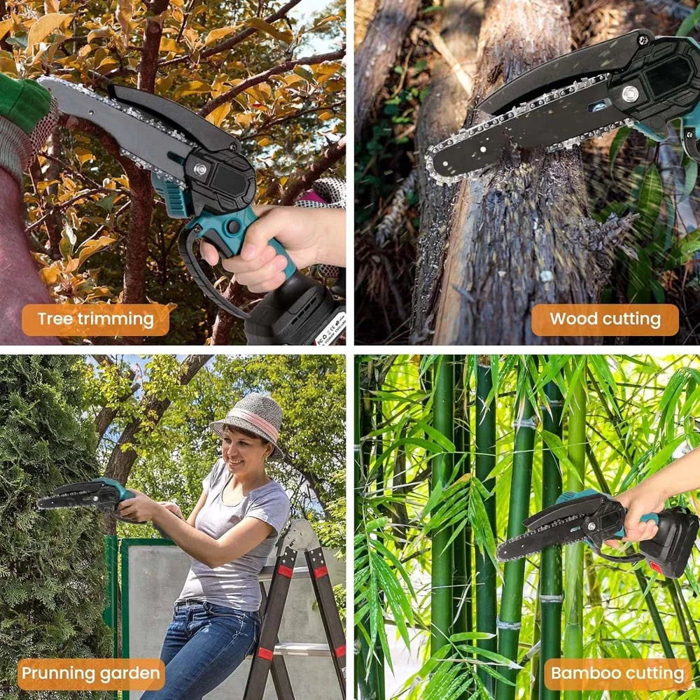 6 Inch 4000 Watt Portable Mini Cordless Chainsaw Electric Single Hand Saw Wood Cutter with 2 Battery Rechargeable Lightweight