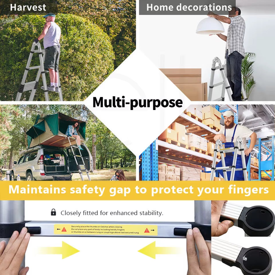 Telescoping Ladder, Portable Telescopic Extension 3.8M(1.9M+1.9M) Tall Multi Purpose Loft Ladder, Stainless Steel Frame Folding