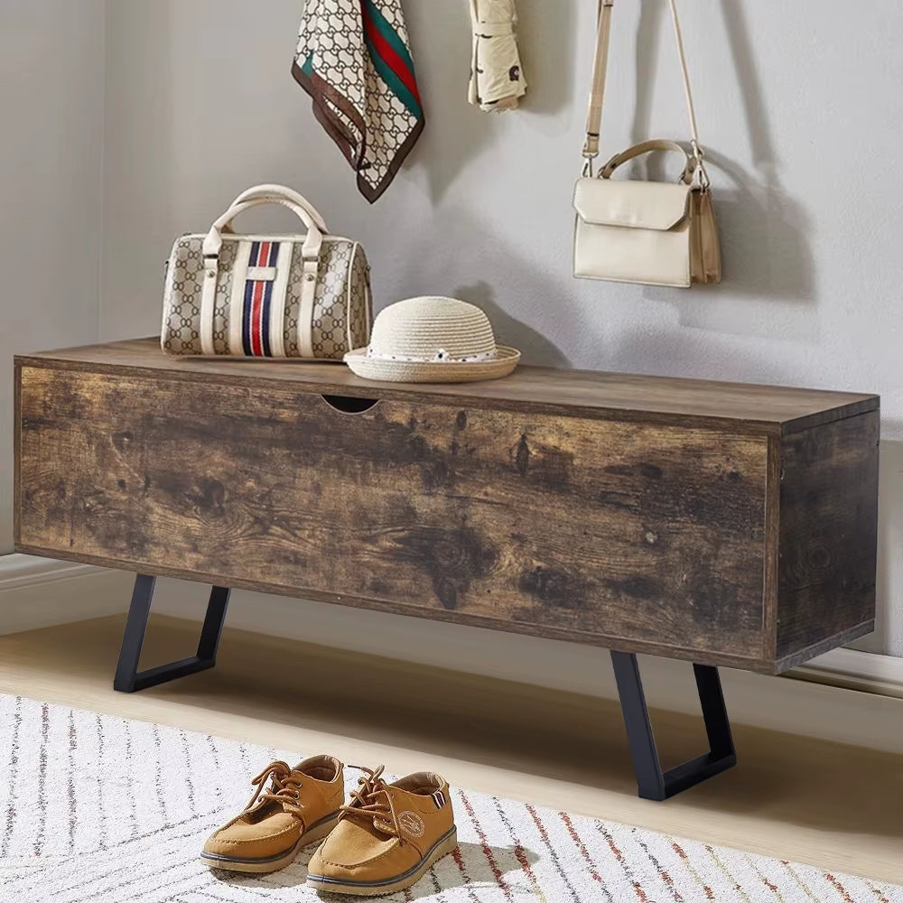 Industrial Wooden Flip Top Storage Bench for Storing Blankets, Pillows