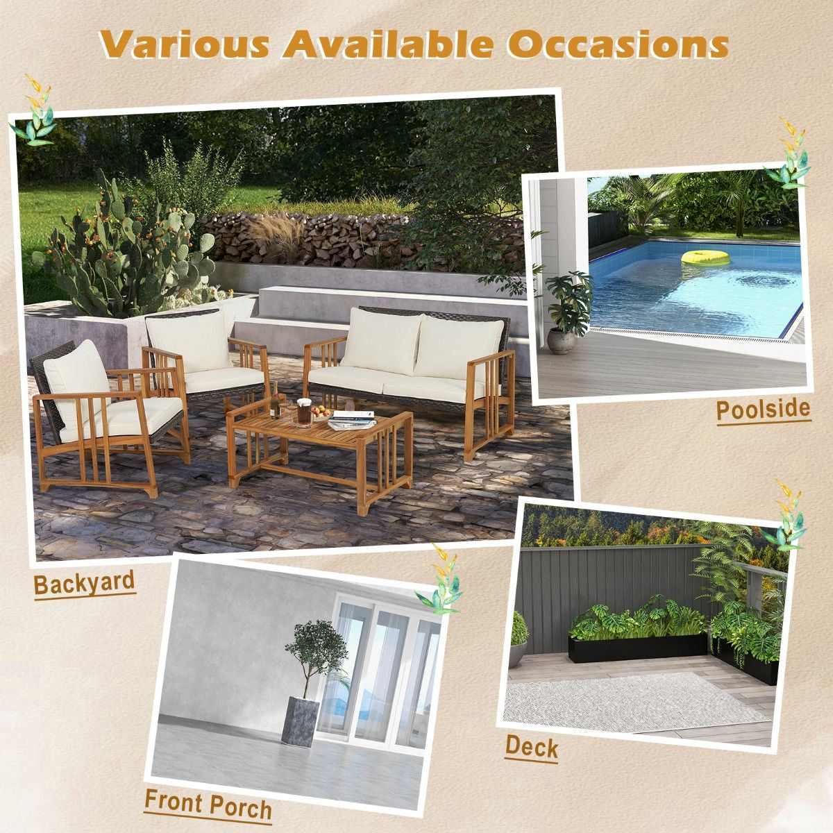 Outdoor Mix Brown Rattan Set with Acacia Wood Frame and Back Cushions