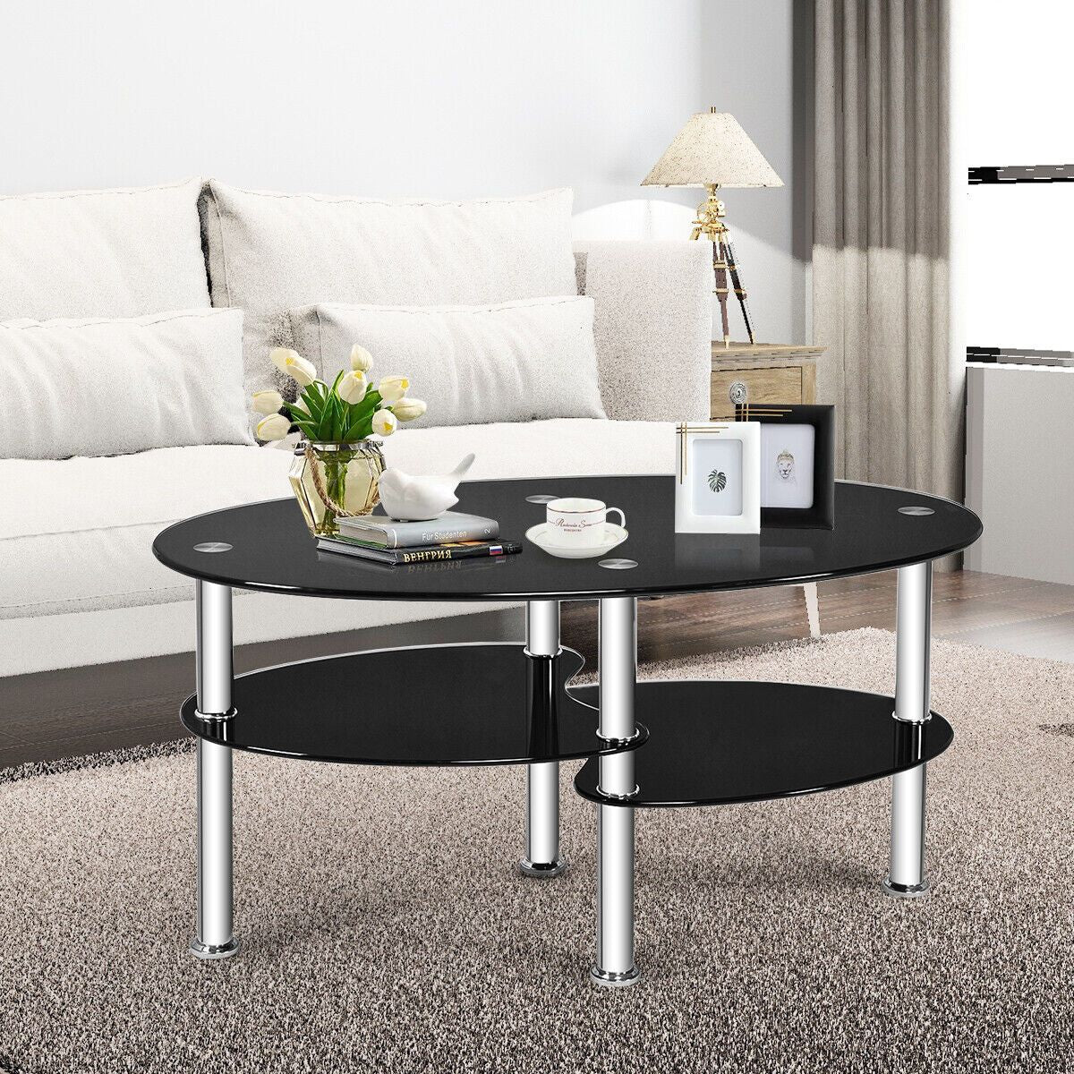3-Tiers Tempered Glass Coffee Tables with 2 Shelves