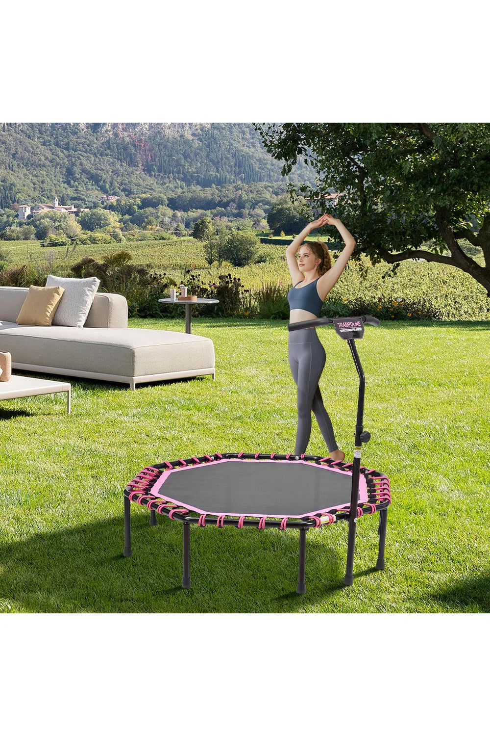 51 Inch Black Pink Octagonal Garden Trampoline Fitness Trampoline with Adjustable T-Bar Handle for Kids Adults