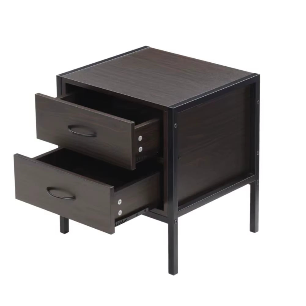 Dark Brown Retro Style Wooden Bedside Cabinet with 2 Drawers