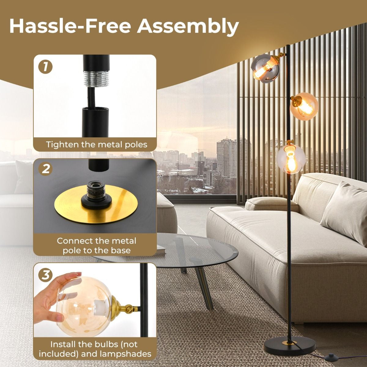 Modern Freestanding Lamp with 3 Glass Globe Lampshades