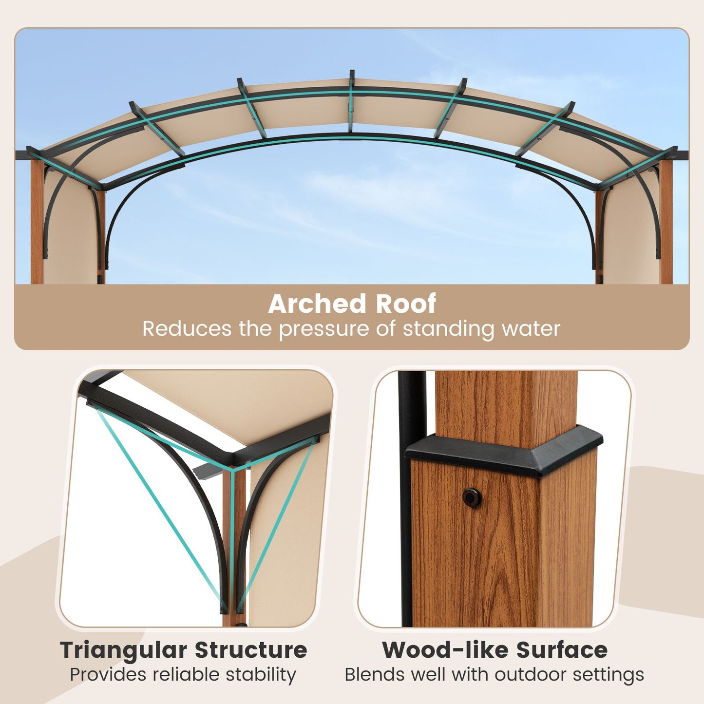 300 X 360 Cm Retractable Pergola Arched Patio Pergola with Sun Shade Canopy