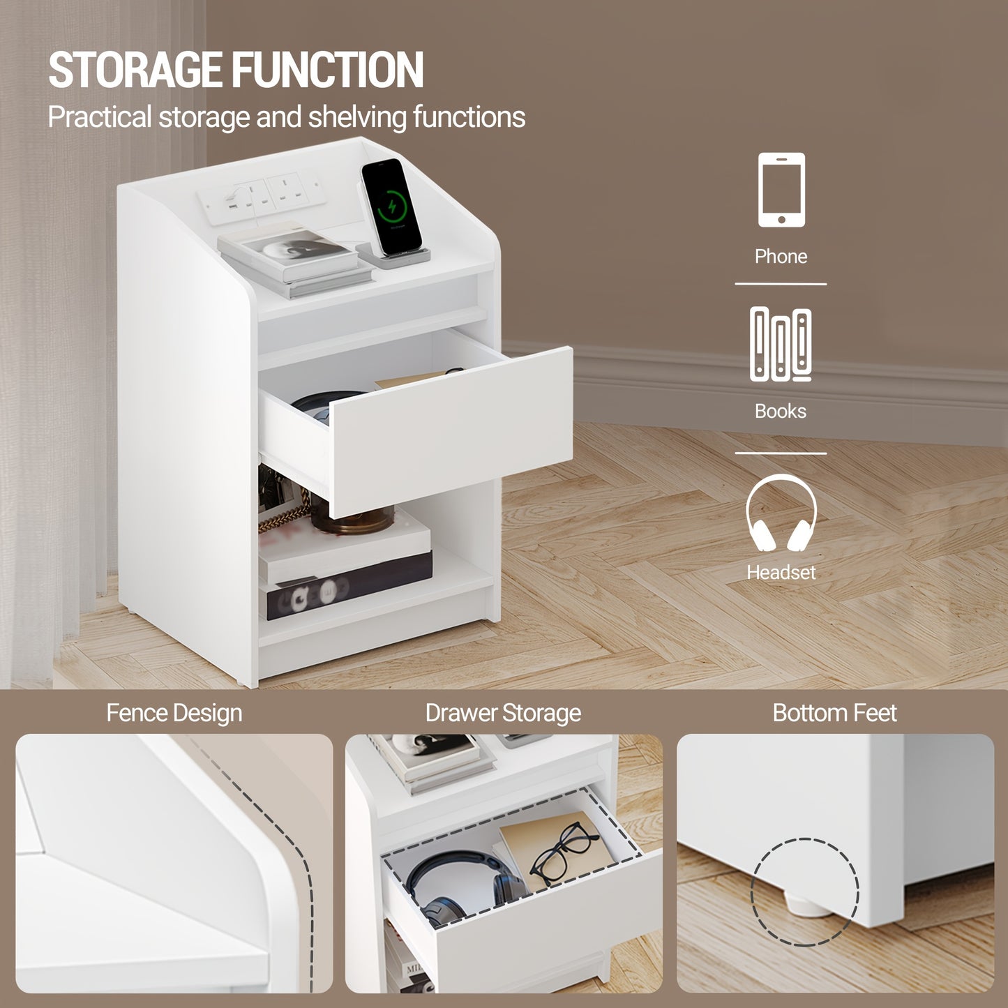 Bedside Table with LED Light - Side Table with Charging Station, 1 Storage Drawer Bedside Table