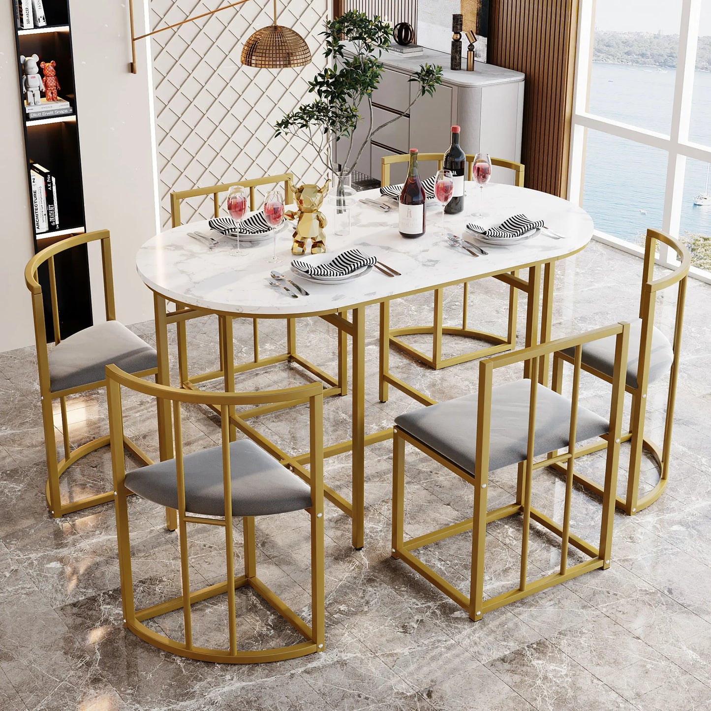 Stylish Six Chair Dining Table Set – Modern White with Upholstered Chairs and Iron Frame