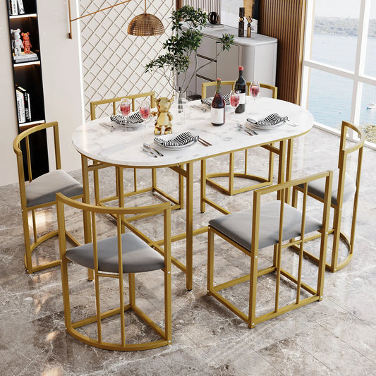 Stylish Six Chair Dining Table Set – Modern White with Upholstered Chairs and Iron Frame