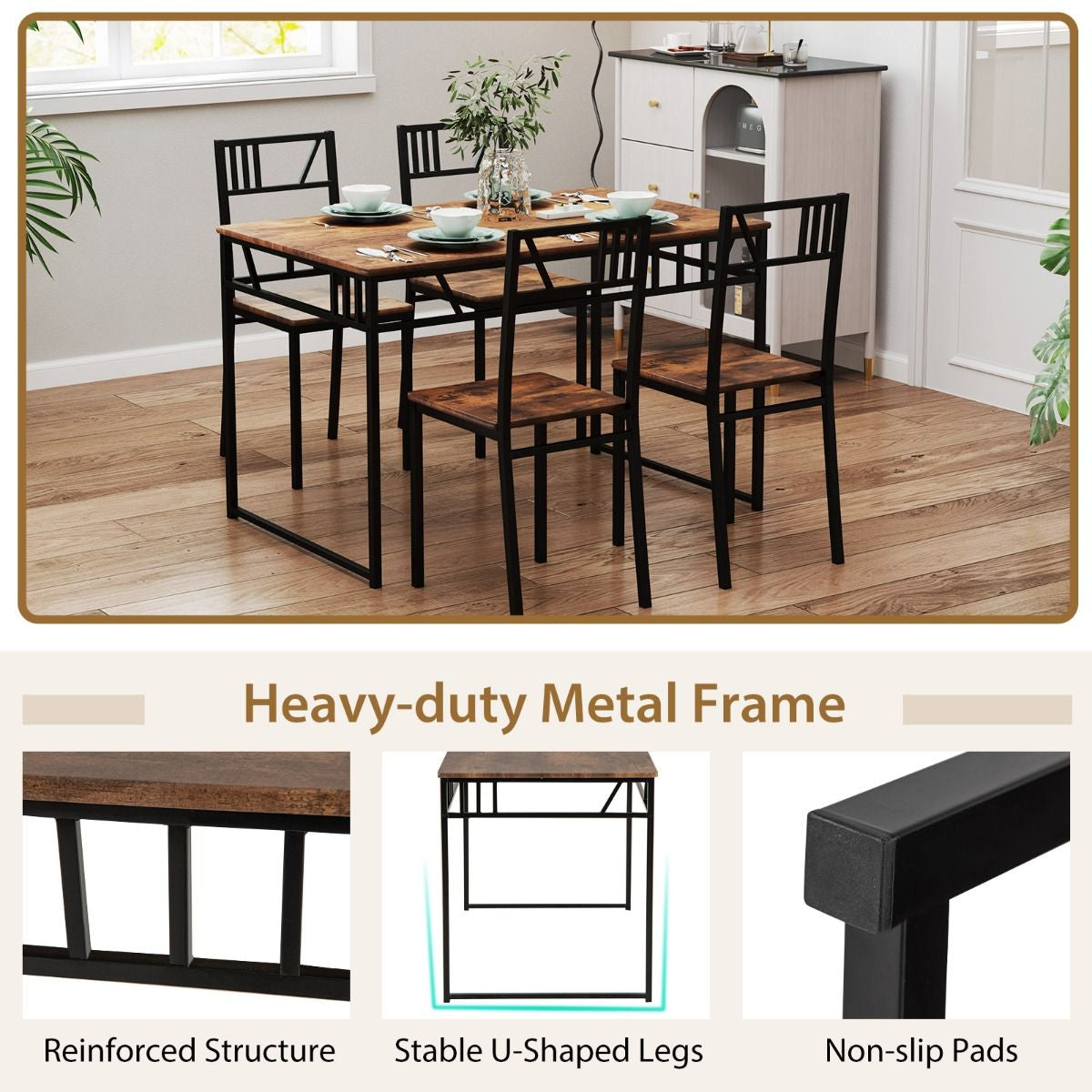 Stylish Industrial Kitchen Table Set with 4 Chairs - Wood-Look Top & Sturdy Metal Frame