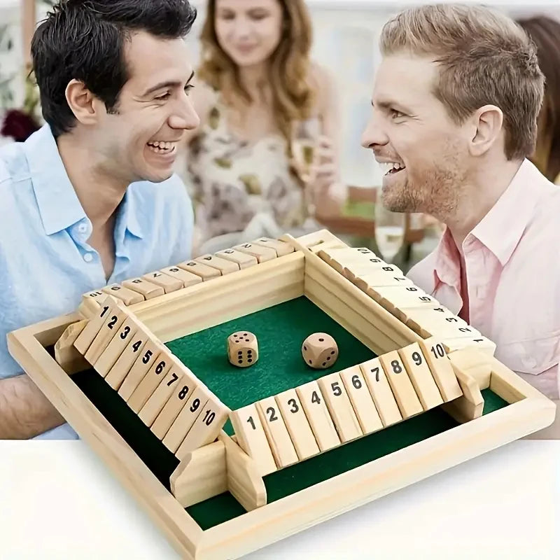 Classic 4-Sided Wooden Shut-The-Box Game with Dice - Timeless Tabletop Fun for Family and Friends