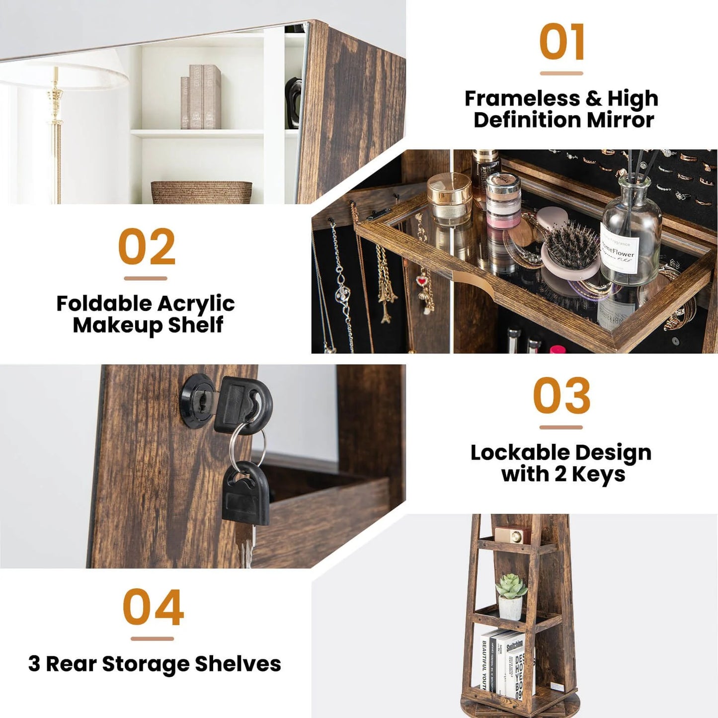 360-Degree Mirrored Jewelry Armoire with 3-Color Auto-On LED Lights