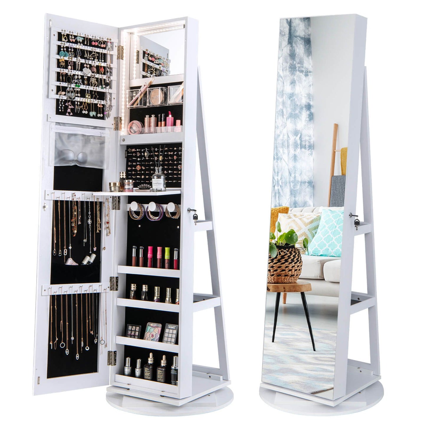 360-Degree Mirrored Jewelry Armoire with 3-Color Auto-On LED Lights