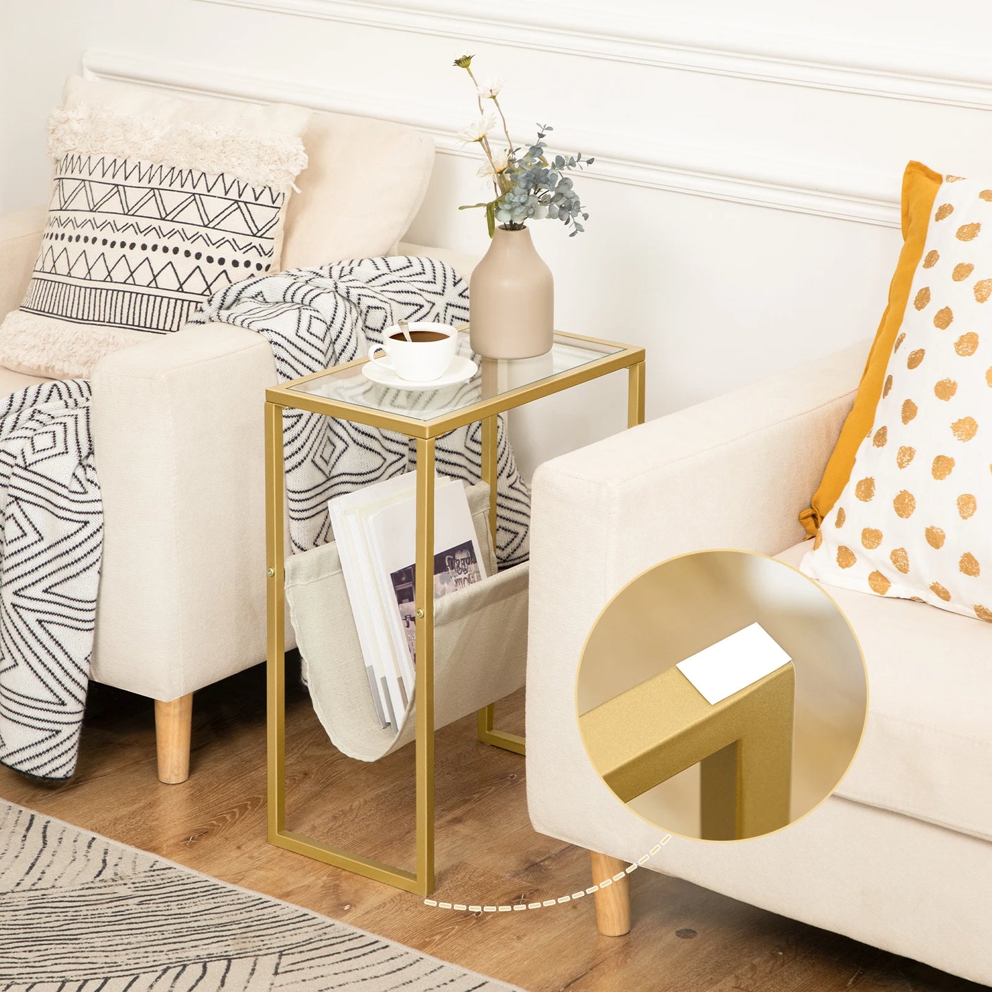 Narrow Side Table Tempered Glass End Table with Fabric Magazine Sling Small Coffee Accent Table Bedside Table Living Room