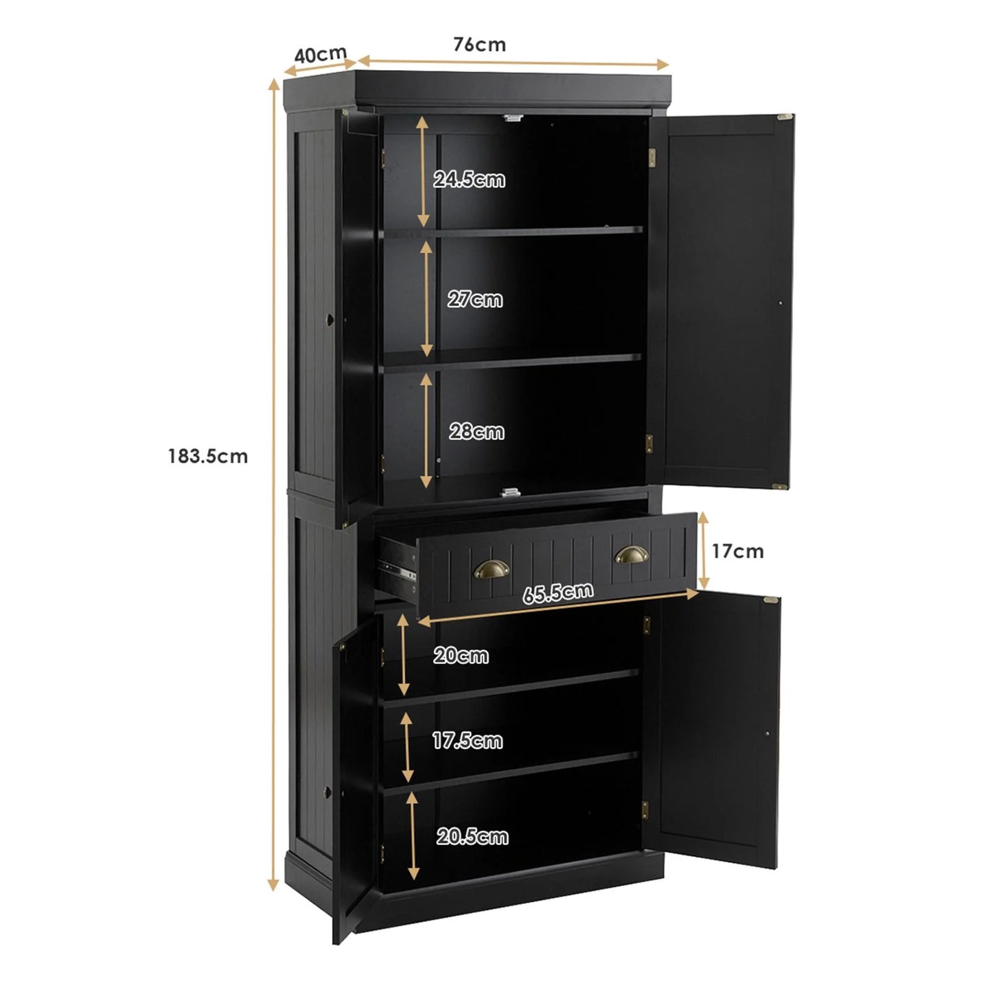 4-Door Tall Kitchen Cupboard Adjustable Shelves and Drawer