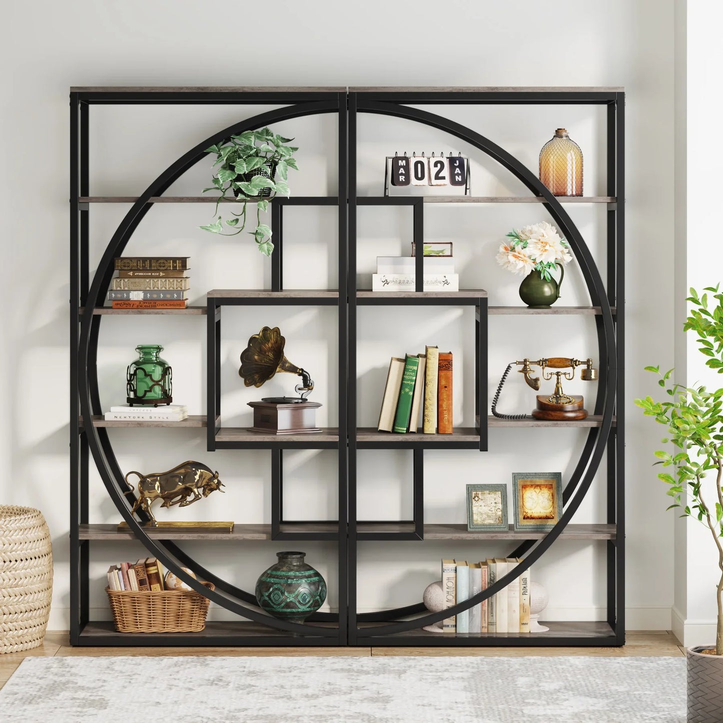 Industrial 5-Tier Etagere 70.8 Inch Tall Bookshelf with 8 Open Storage, Vintage Grey