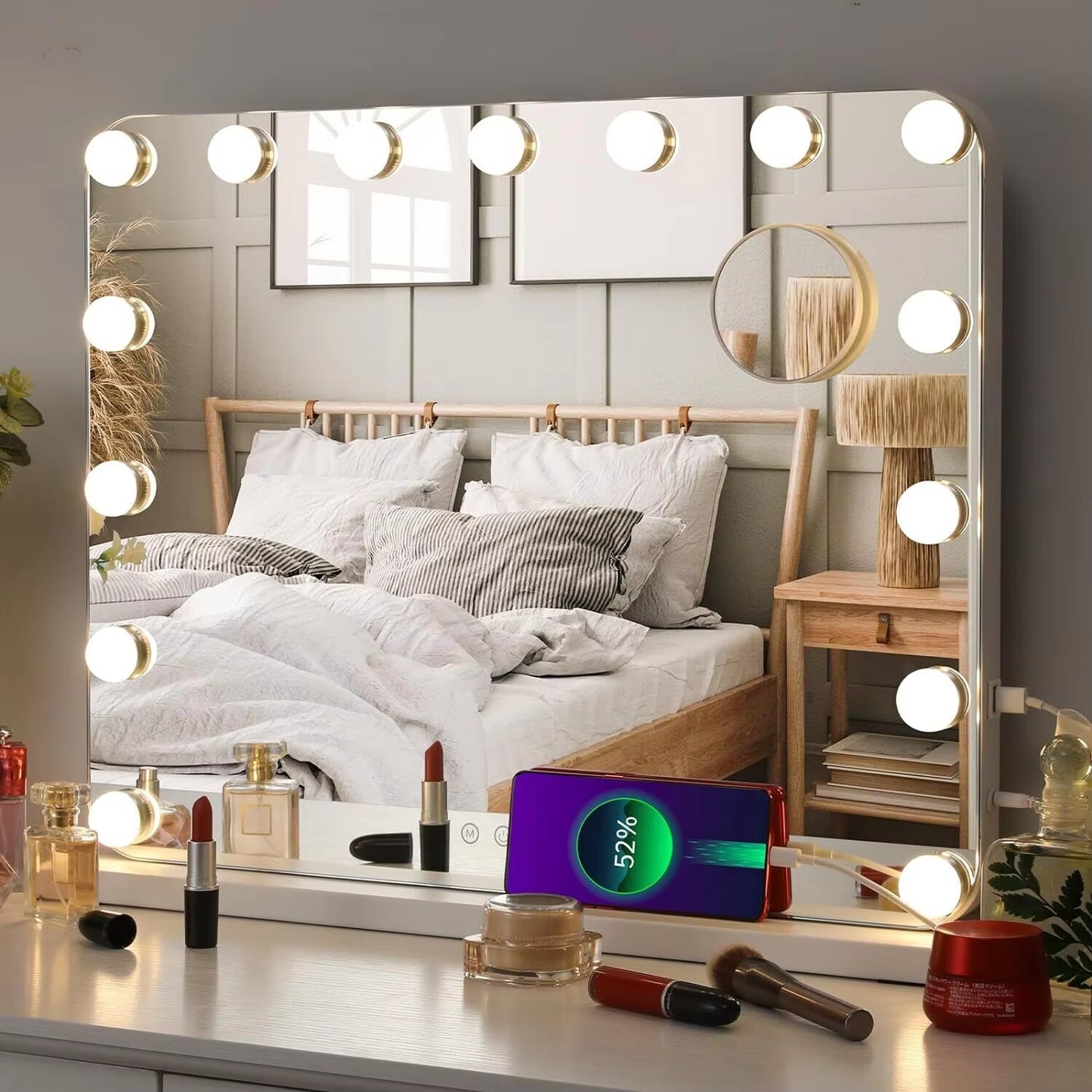 Hollywood Vanity Mirror with Lights Lighted With15 Dimmable LED Bulbs 3 Color Lighting,Adjustable Brightness USB Charging Port