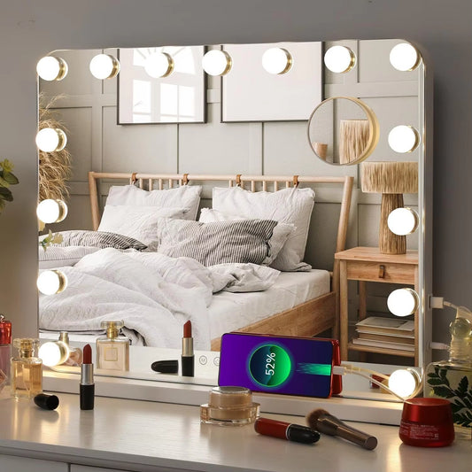 Hollywood Vanity Mirror with Lights Lighted With15 Dimmable LED Bulbs 3 Color Lighting,Adjustable Brightness USB Charging Port