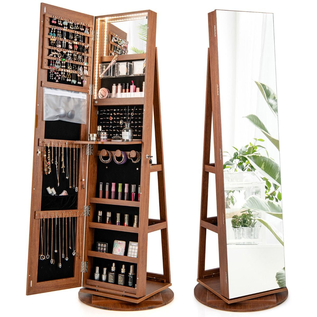 360-Degree Mirrored Jewelry Armoire with 3-Color Auto-On LED Lights