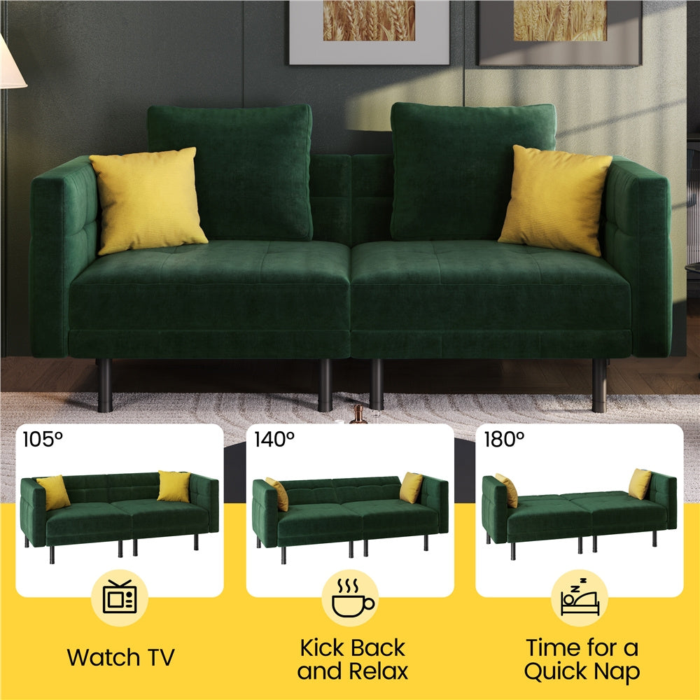 Velvet Sofa 2-Seater Convertible Sofa Bed, Fabric Upholstered Futon Couch Sleeper with 4 Pillows, Angle-Adjustable Armrests & Backrest
