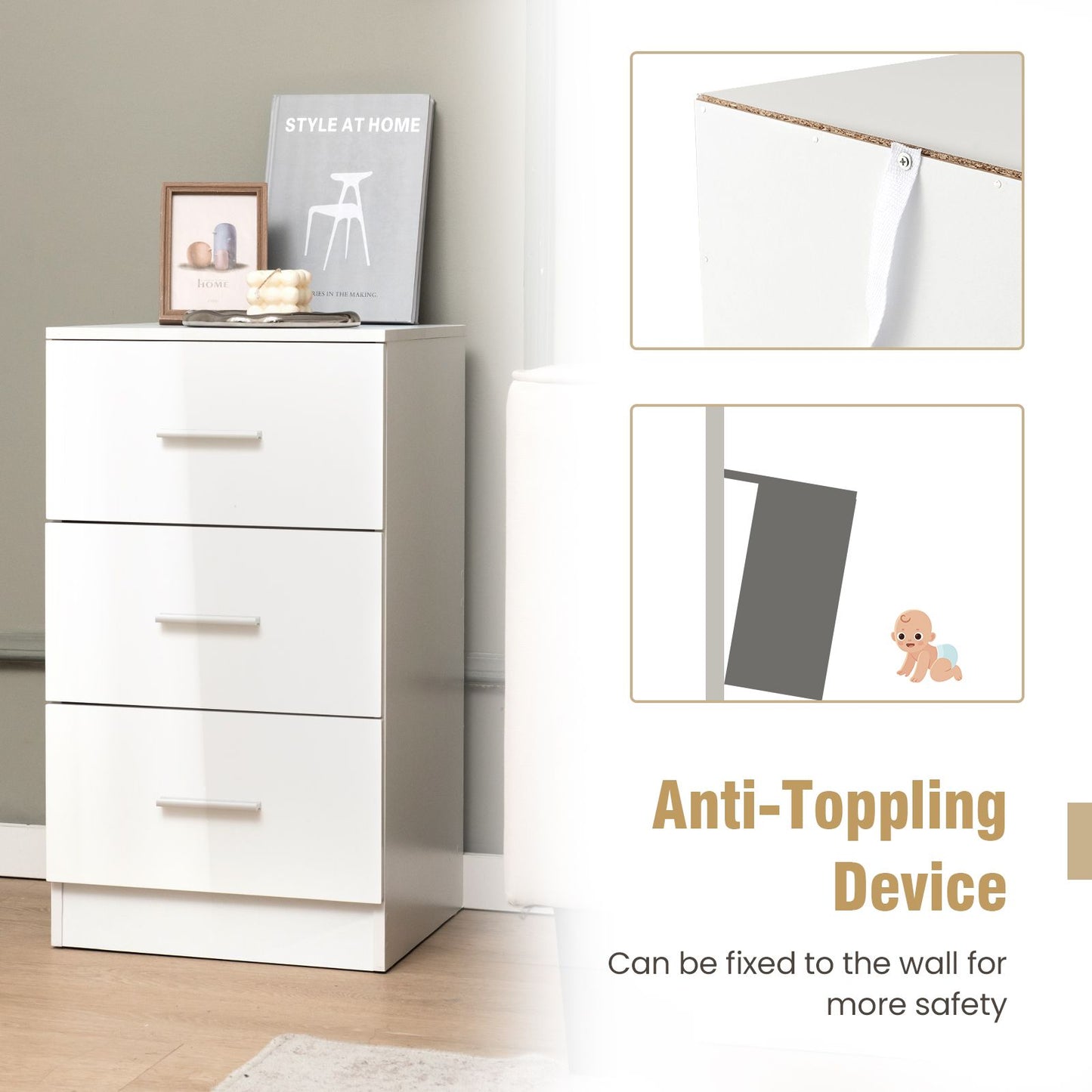 3-Drawer Wooden Dresser Cabinet with Anti-Toppling Device