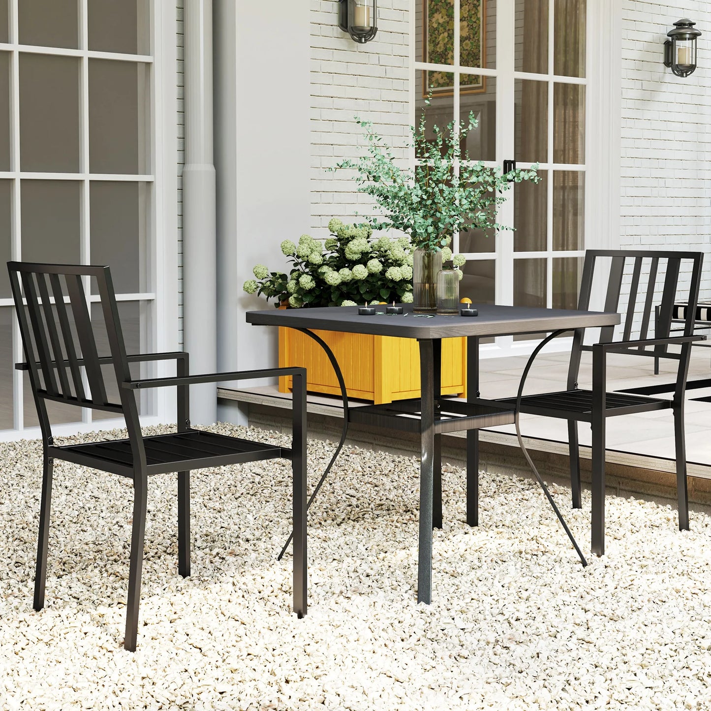 Set of 2 Stackable Outdoor Garden Chairs with Metal Slatted Design in Black