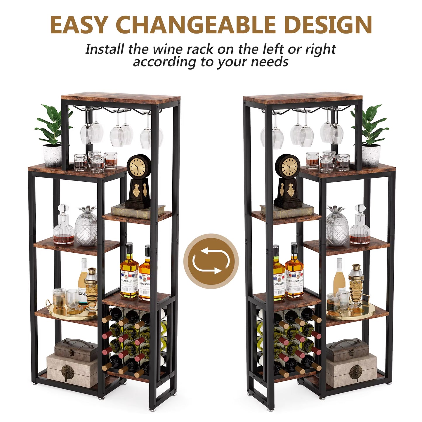 Stylish 5-Tier Freestanding Wine Rack with Glass Holder - Industrial Wine Storage & Display Shelf
