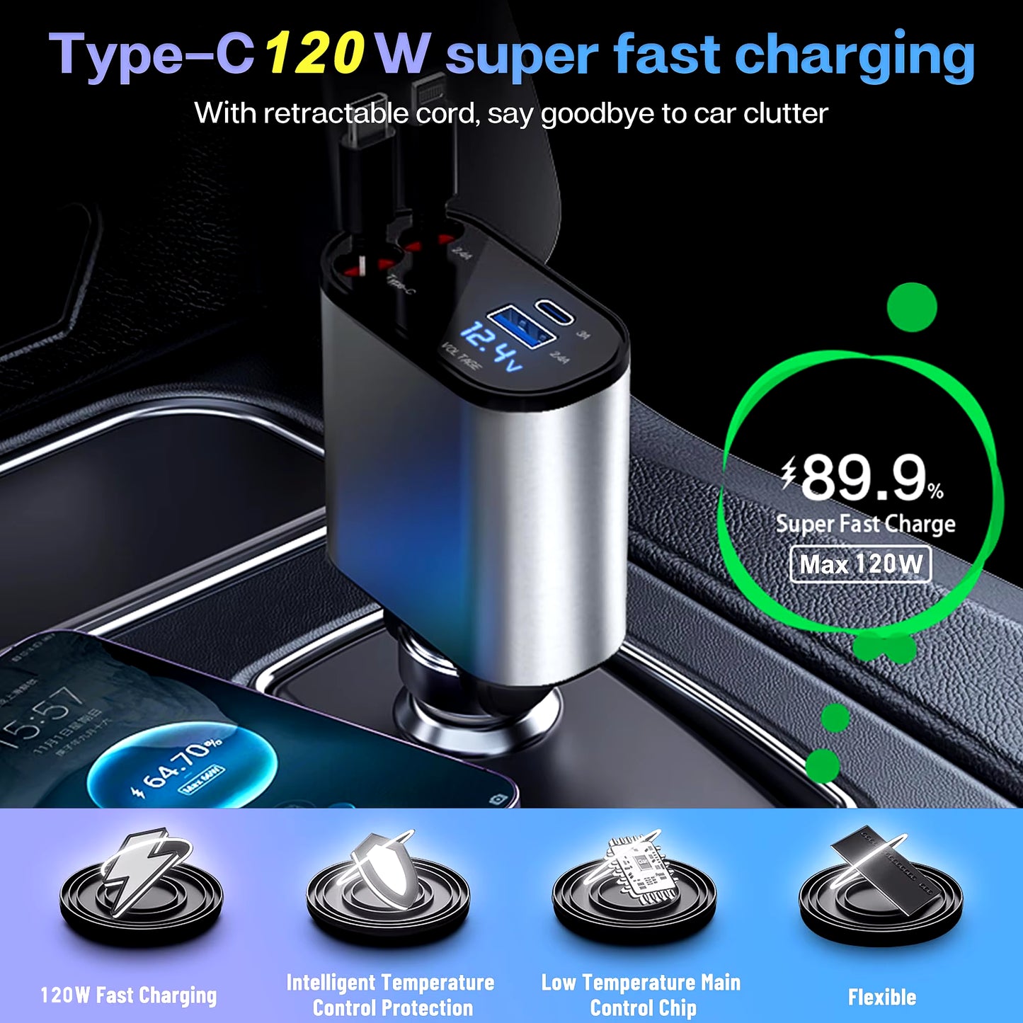 Ultimate 4-in-1 Retractable Car Charger with USB PD Type C Cable for Lightning-Fast iPhone Charging & QC Adapter