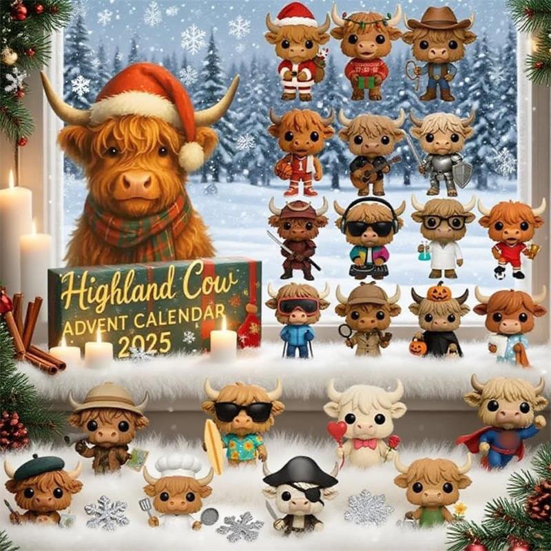 3D Stereoscopic Highland Cow Advent Calendar 2025, 24-Day Surprise Christmas Advent Countdown