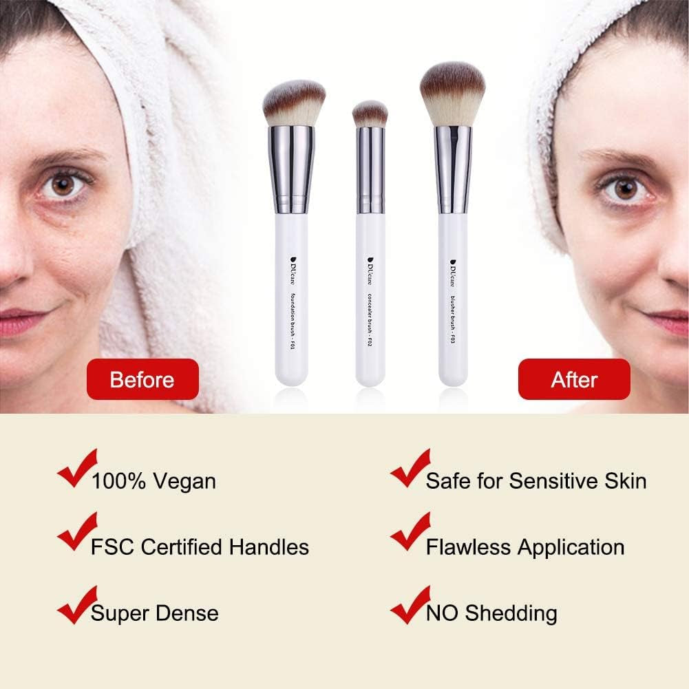 Essential Travel Makeup Brush Set - 3 Pcs Kabuki, Powder, and Concealer Brushes for Flawless Application - White