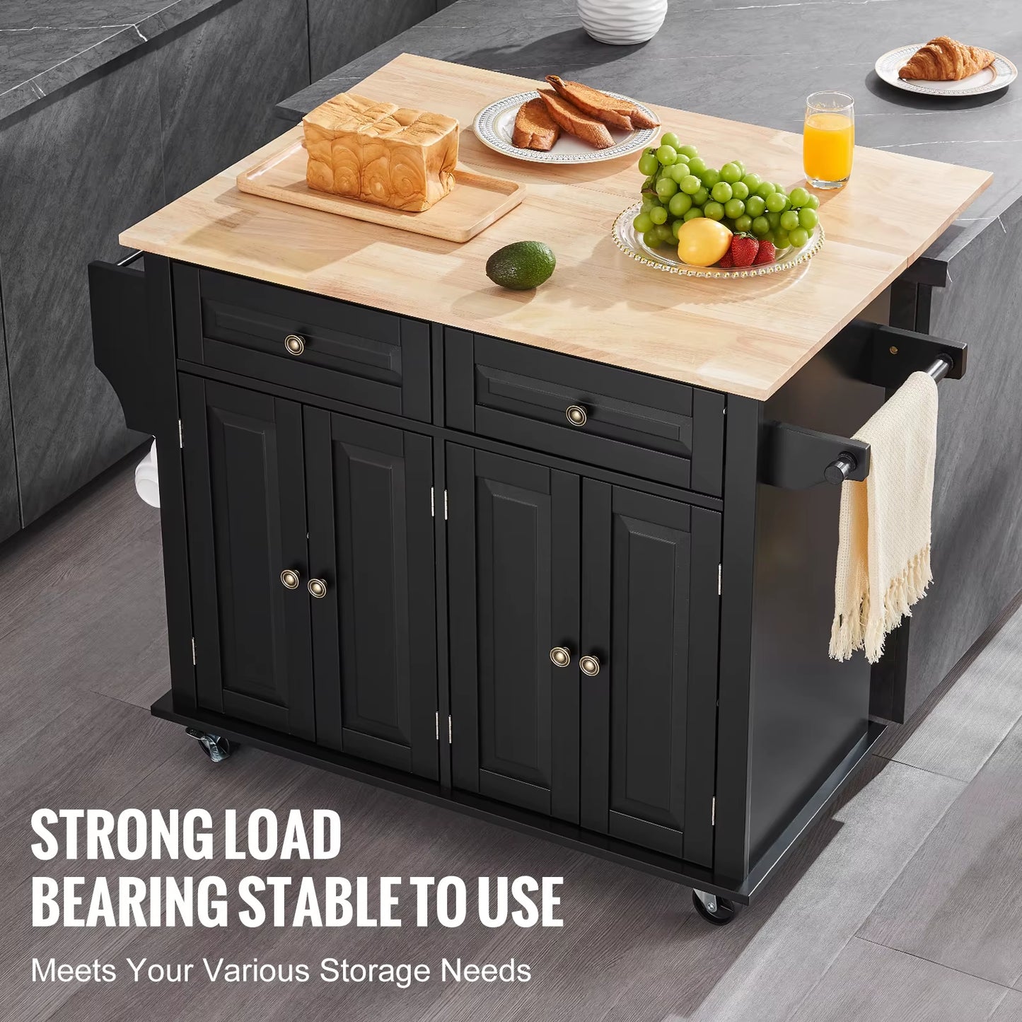 43" Kitchen Island Cart Wood Top Mobile Carts with Storage Cabinet Rolling Table with Drop Leaf Spice Rack Towel Bar Black