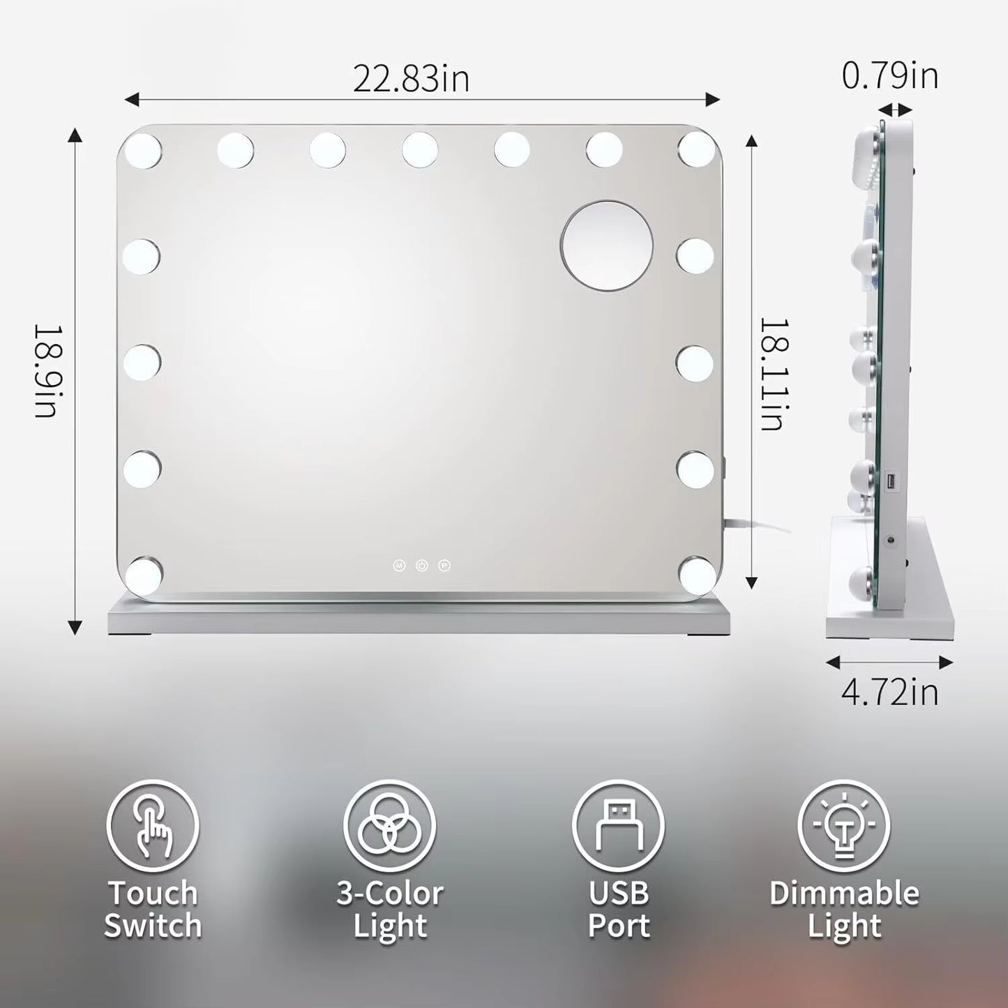 Hollywood Vanity Mirror with Lights Lighted With15 Dimmable LED Bulbs 3 Color Lighting,Adjustable Brightness USB Charging Port