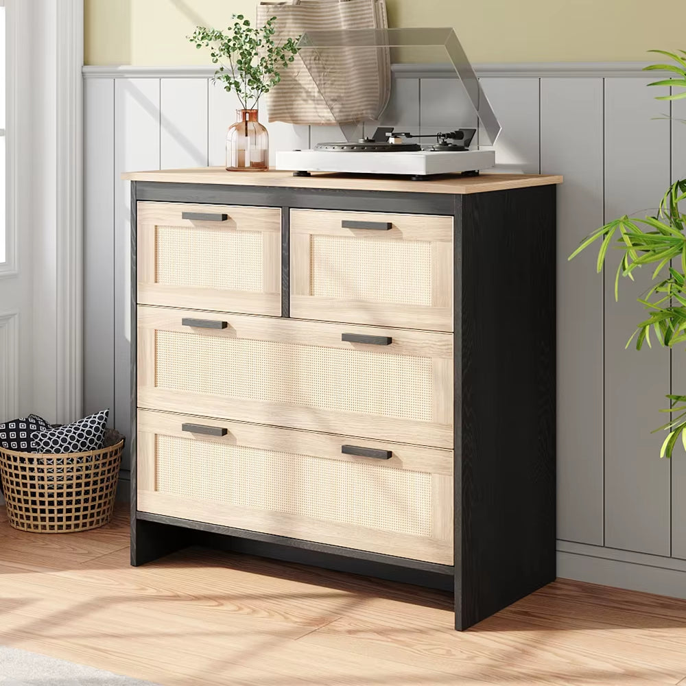 Beige Wooden Storage Cabinet with Rattan Drawer Console Table