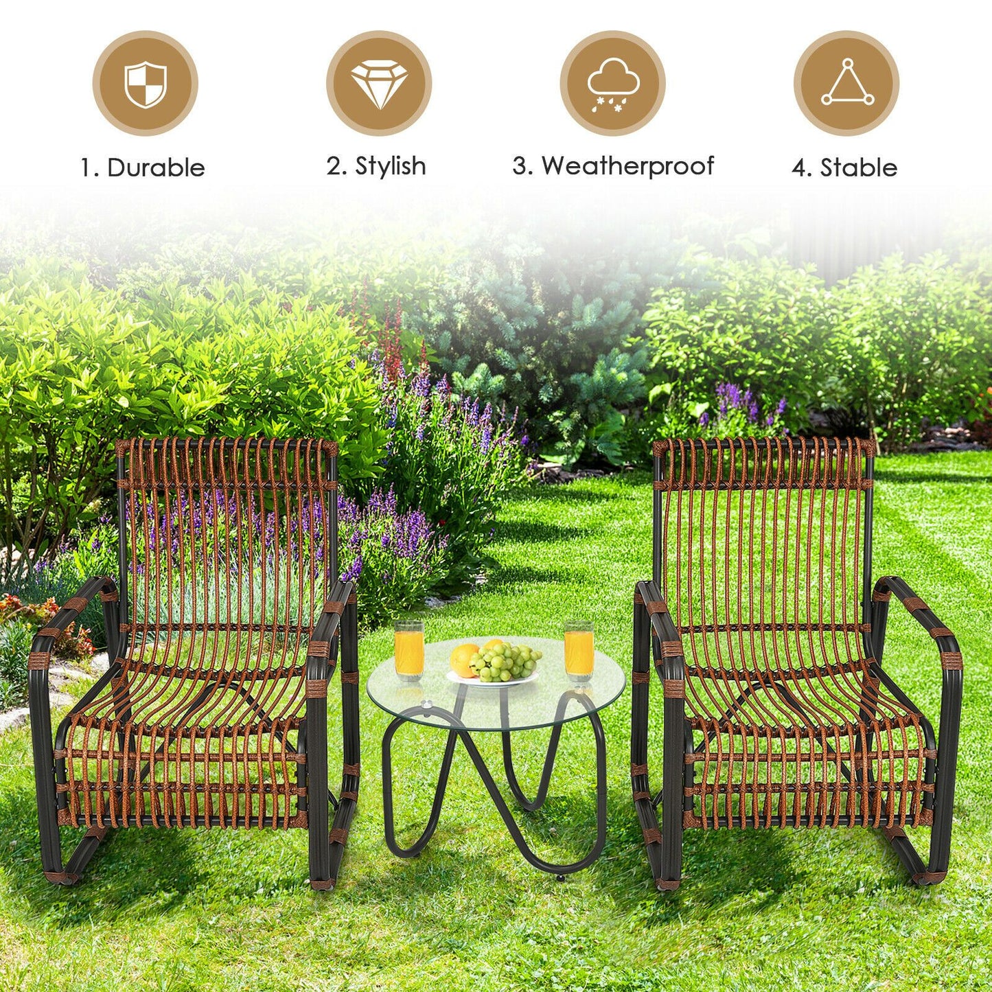 3 Piece Rattan Furniture Set with 2 Armchairs and Glass Coffee Table